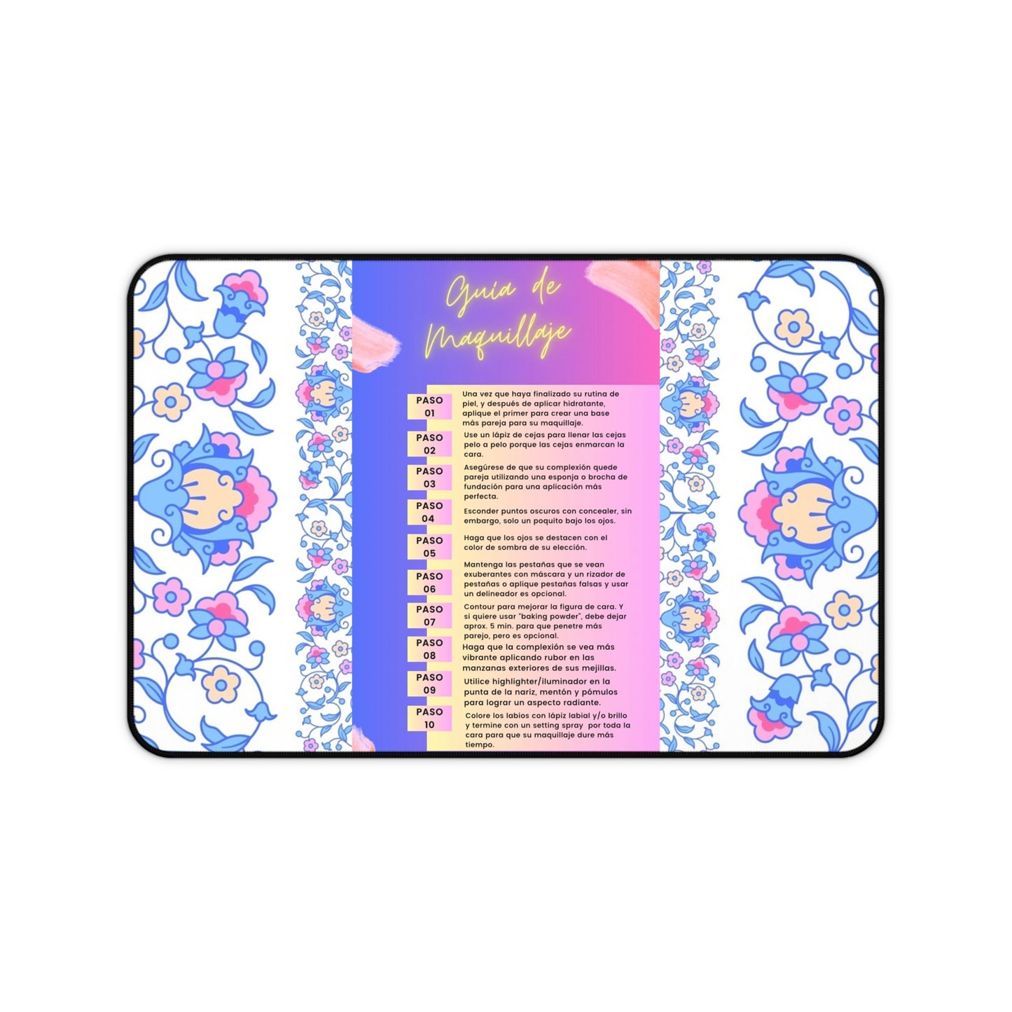 Spanish or English (Your choice)  Makeup Guide Vanity Mats