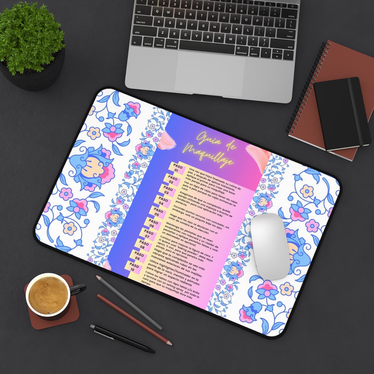 Spanish or English (Your choice)  Makeup Guide Vanity Mats